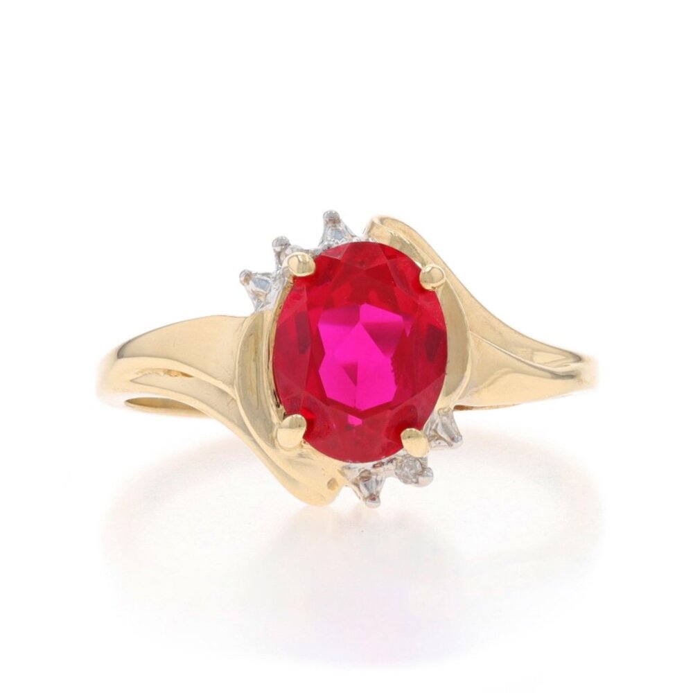 Yellow Gold Lab-Created Ruby Diamond Bypass Ring 10k Oval